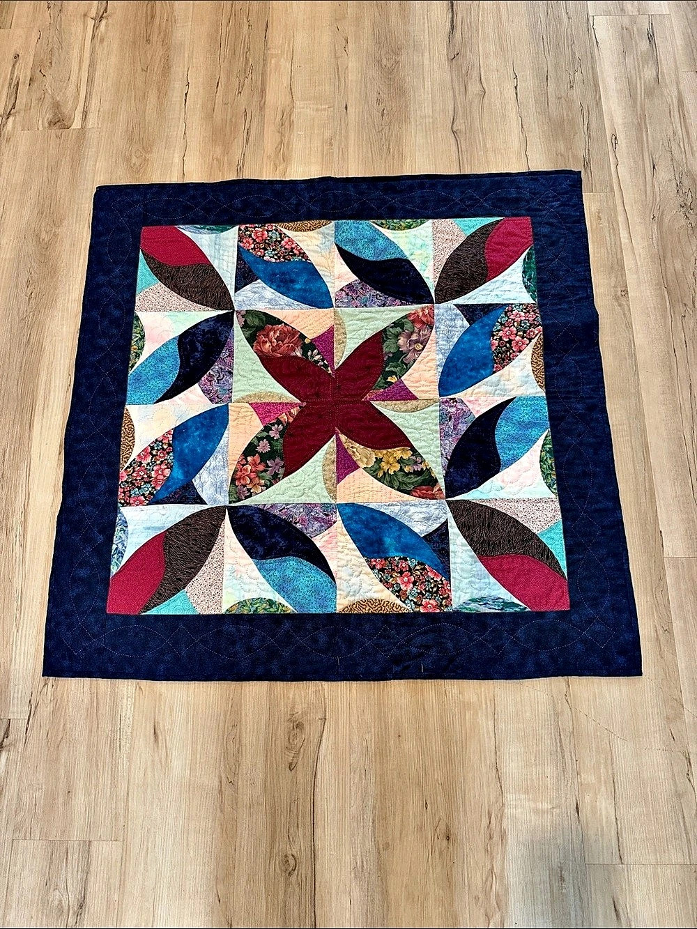 Handmade-Style Geometric Quilt in Blue & Multicolor